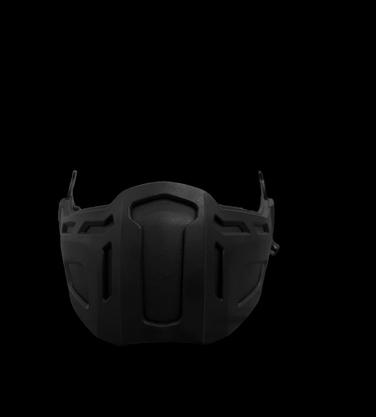 Black mandible guard shown from the front with armored contours and helmet-mount hooks.