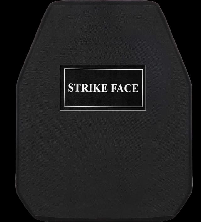 Black RhinoCore RF2 hard armor plate with a centered “STRIKE FACE” label, shown upright to display its protective strike-face surface.