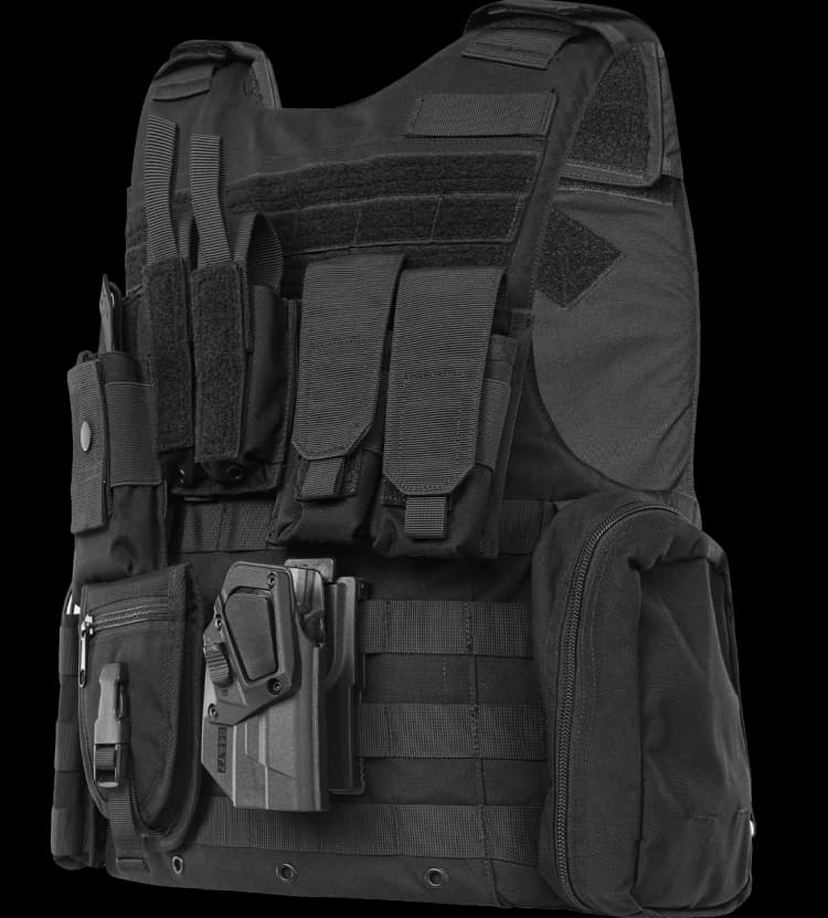 Angled front view of the Hard Shell Tactical Carrier – MRAP vest showing modular pouches, holster mount, and durable MOLLE system.
