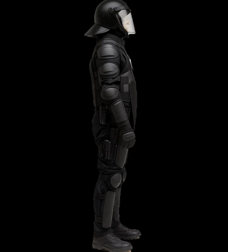Side profile of Hard Shell riot control suit showing helmet, shoulder pads, and limb protection.