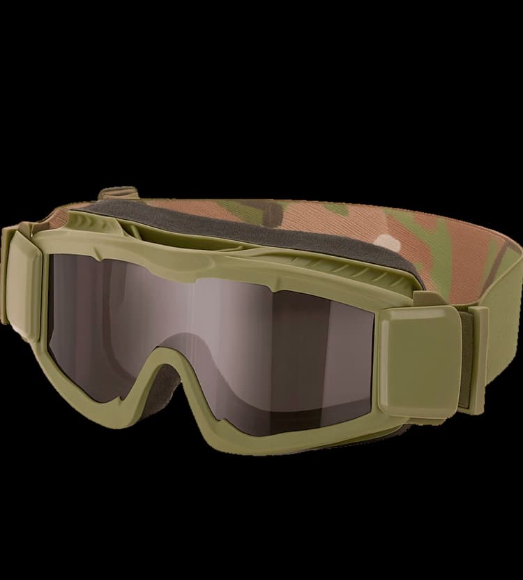 Angled view of green ballistic goggles with dark lenses and a camouflage elastic strap.