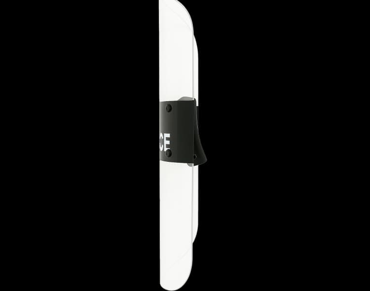 Side profile of Hard Shell Police Riot Shield showing curved transparent design and reinforced handle.