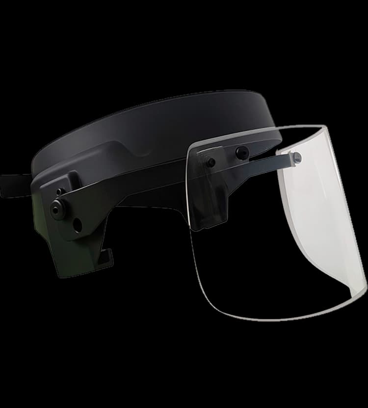 Side view of a ballistic helmet visor with clear shield and black adjustable frame.