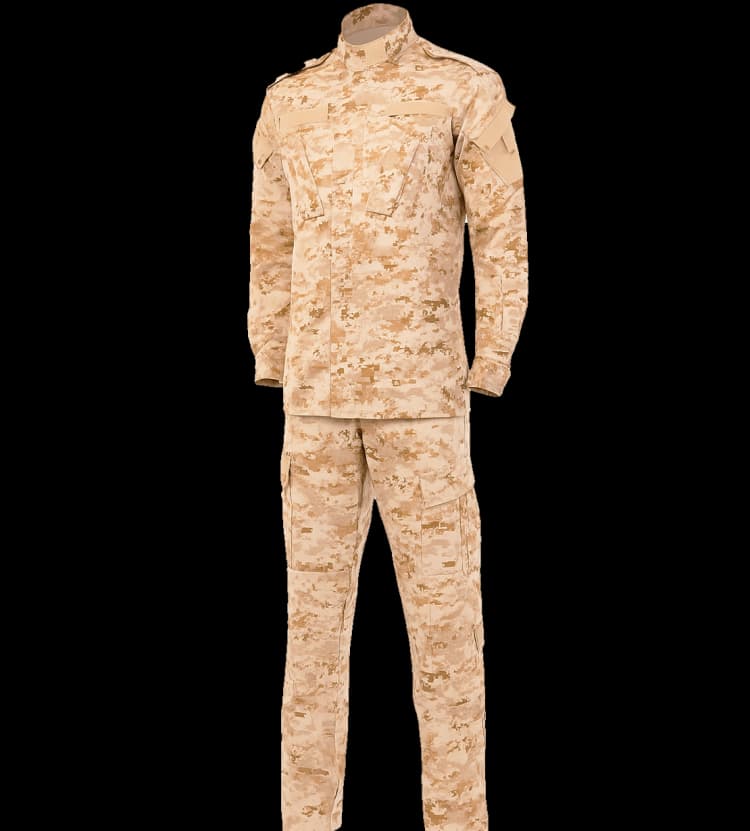 Desert digital camouflage tactical uniform with combat shirt and cargo pants displayed on a mannequin, made by Hard Shell.