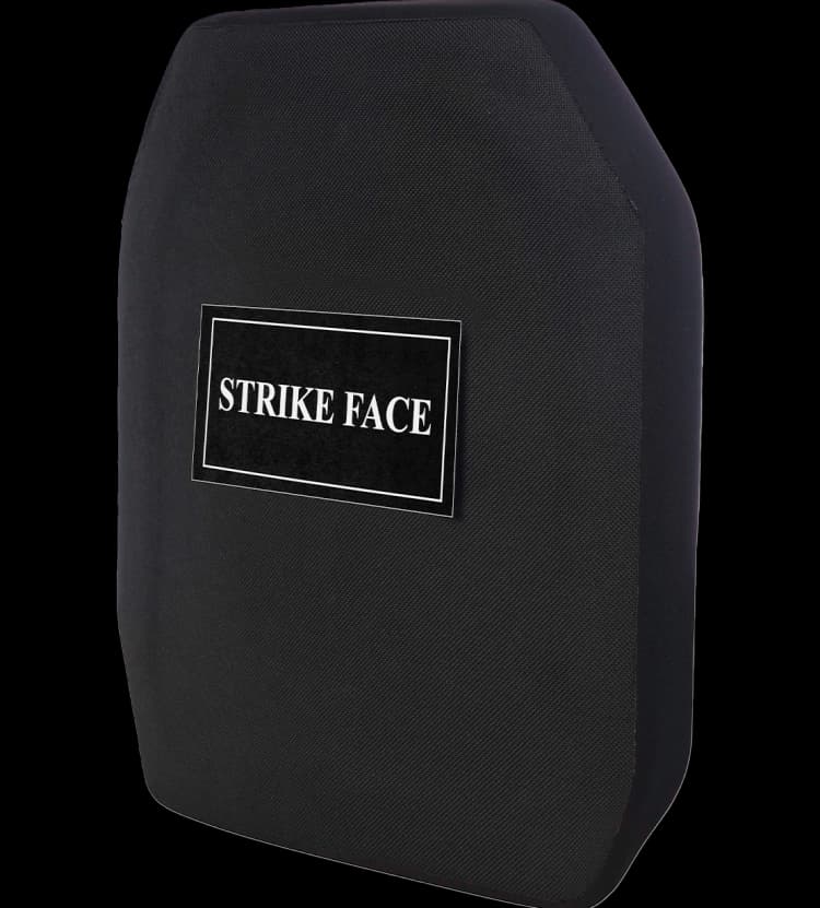 RhinoCore RF1 Hard Armor Plate shown in an angled view, highlighting its multi-curve profile and front “STRIKE FACE” marking.