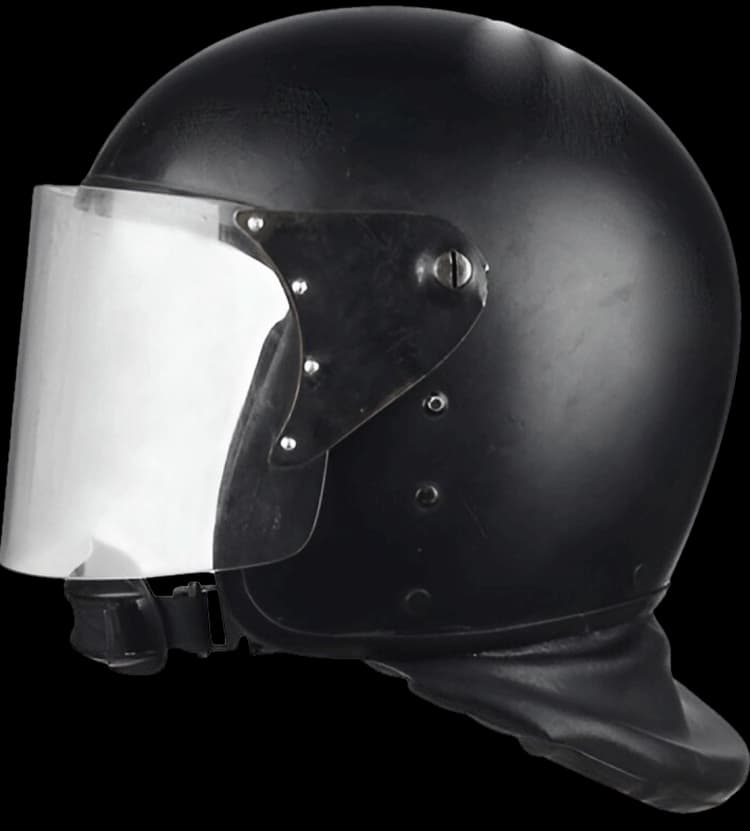 Side profile of Hard Shell Riot Control Helmet with durable black shell and adjustable transparent visor.