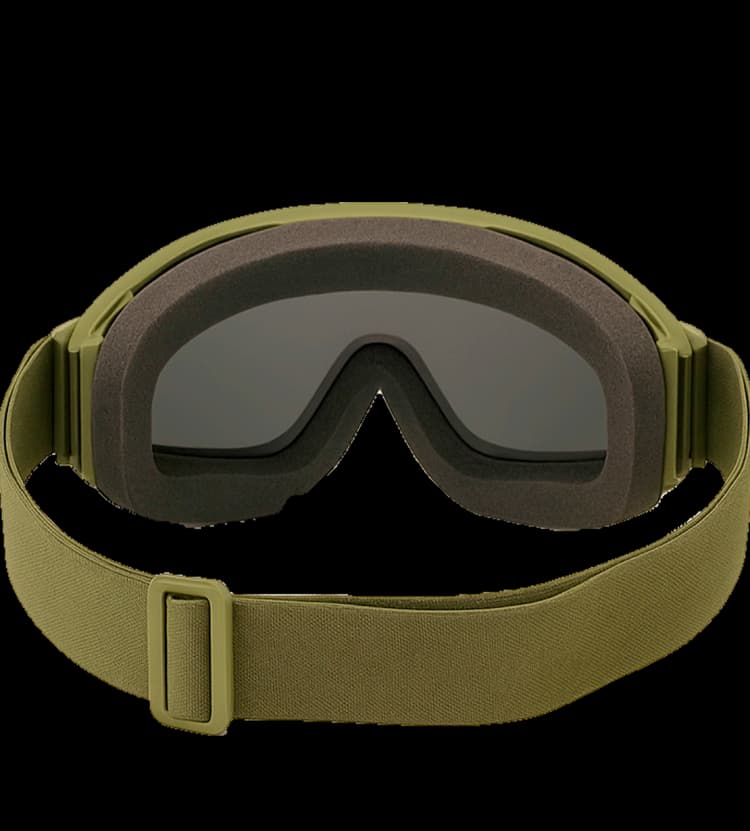 Rear view of ballistic goggles showing padded foam interior and adjustable green elastic strap.