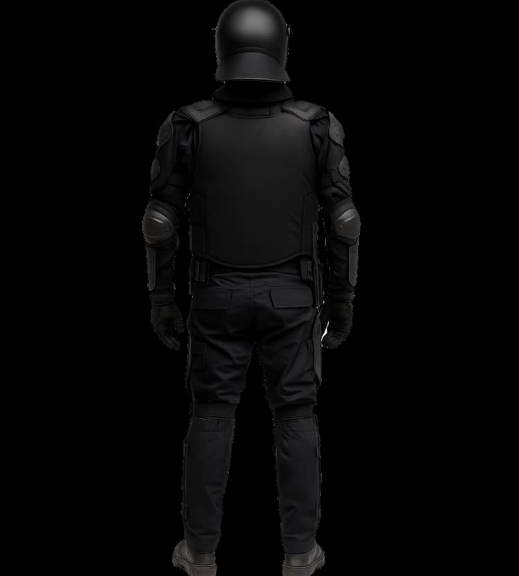 Back view of Hard Shell police riot control armor suit with protective padding and helmet
