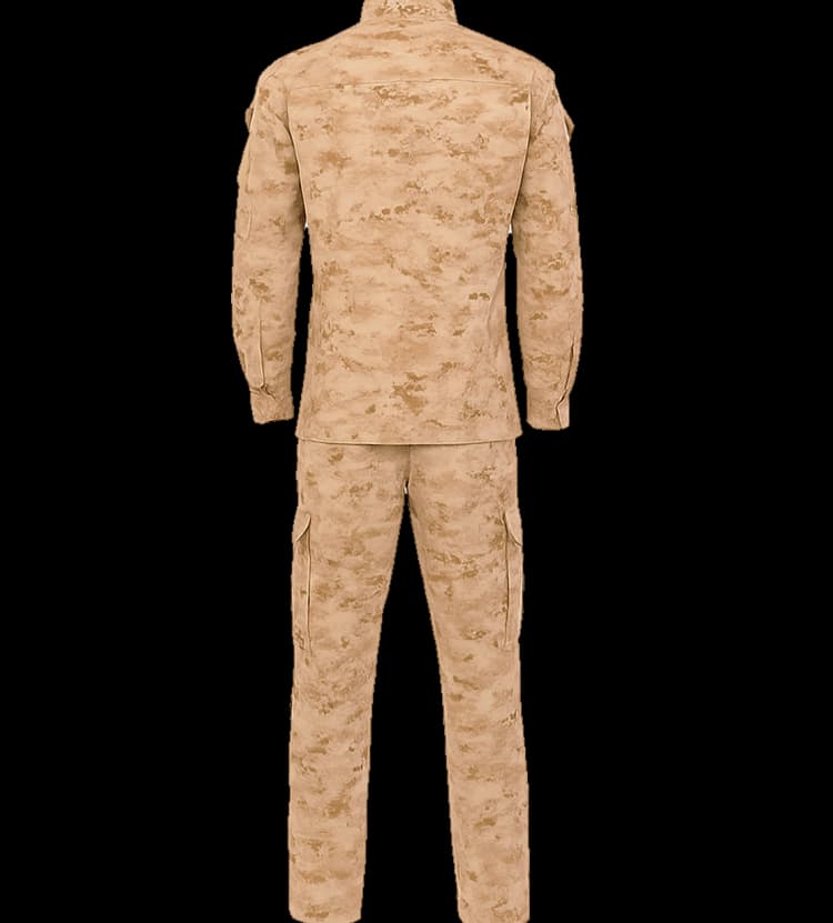 Back view of a desert digital camouflage tactical uniform with long sleeves and cargo pants, manufactured by Hard Shell.