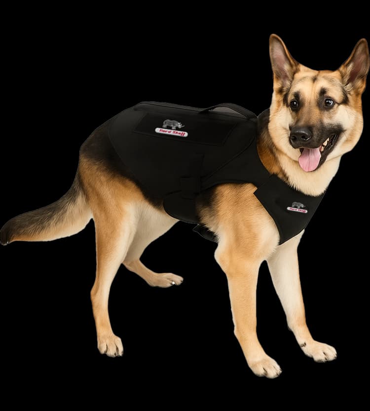 German Shepherd wearing Hard Shell K9 Ballistic Vest, designed for mobility, comfort, and canine protection.