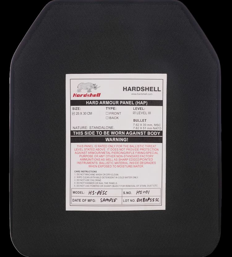Back side of the RhinoCore RF1 Hard Armor Plate featuring the official Hardshell specification label, including Level III rating, size, model details, and safety instructions.
