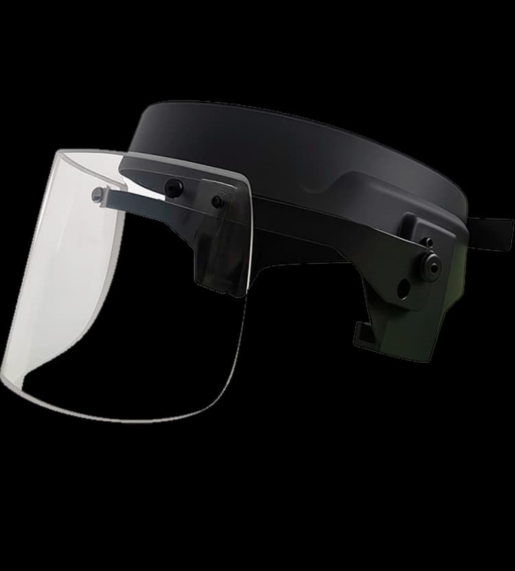 Angled view of a ballistic face visor featuring a clear polycarbonate shield and robust black mount.