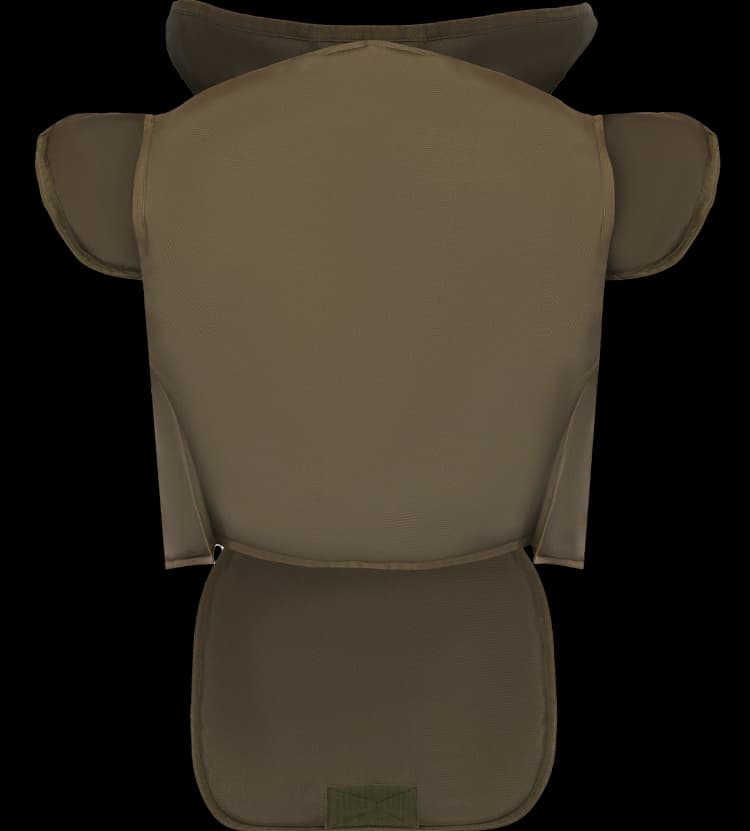 Olive green demining vest with extended neck, shoulder, and groin protection panels designed for blast and fragment protection.