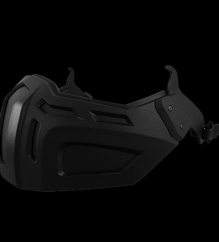 Left-side angled view of black tactical mandible guard with reinforced side structure.