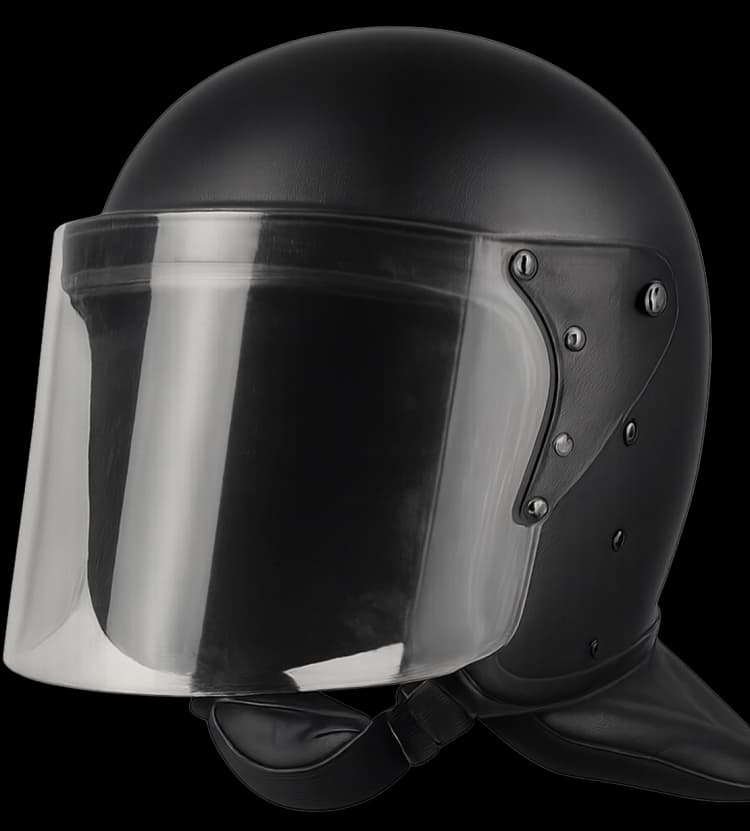 Angled close-up of Hard Shell Riot Control Helmet showing face shield attachment and robust construction.