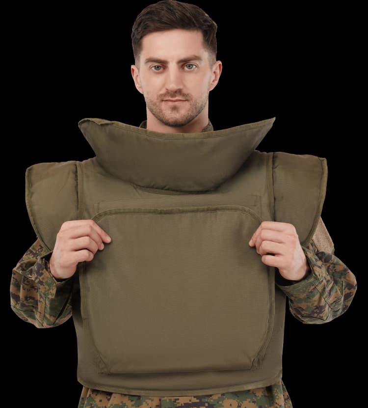 Front view of Hard Shell demining protective suit featuring reinforced torso armor and padded shoulders.