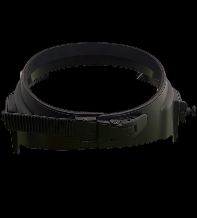 Black ballistic helmet visor mounting frame shown without shield, designed for tactical helmets.