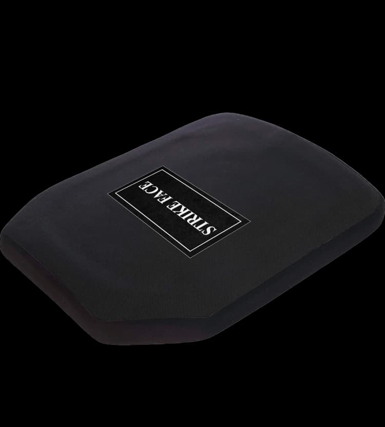 RhinoCore RF1 Hard Armor Plate displayed in an angled view, featuring a clearly marked “Strike Face” impact surface.