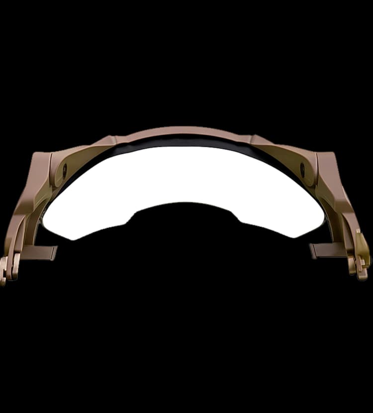 Bottom view of a tan helmet fragment visor showing the curved clear lens and mounting frame.