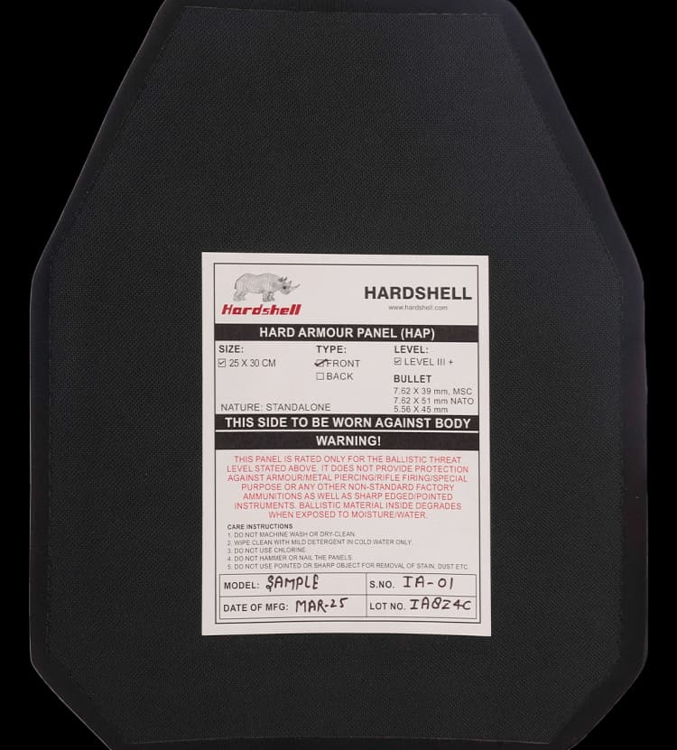 Backside of RhinoCore RF2 hard armor plate with Hardshell Level III+ specifications label.