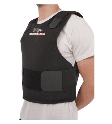 Model wearing a black Hard Shell concealable vest - low pro with secure straps, offering discreet and lightweight ballistic protection.