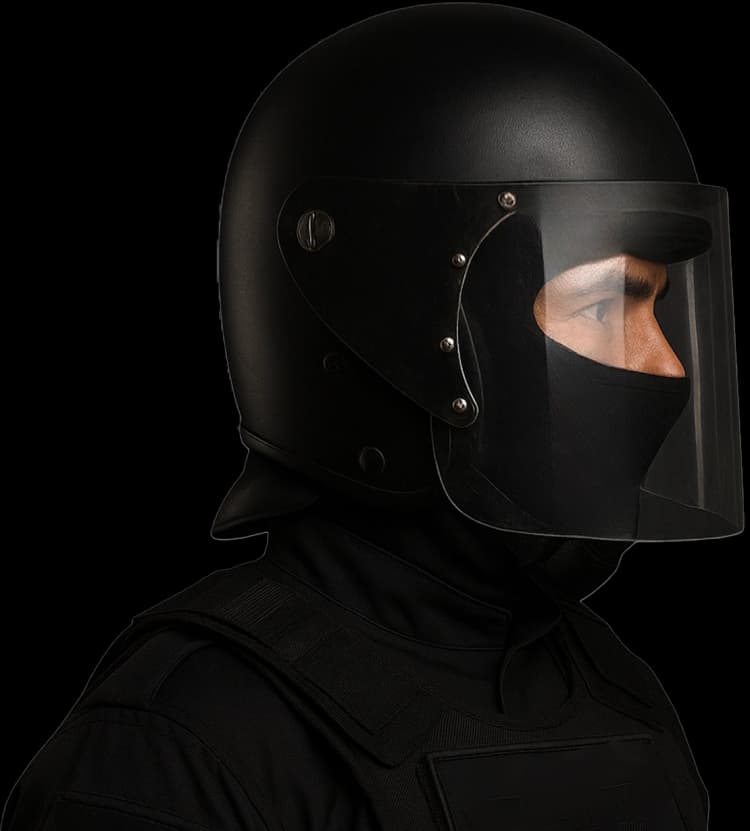 Person wearing Hard Shell Riot Control Helmet and protective gear, side view showing full visor coverage.