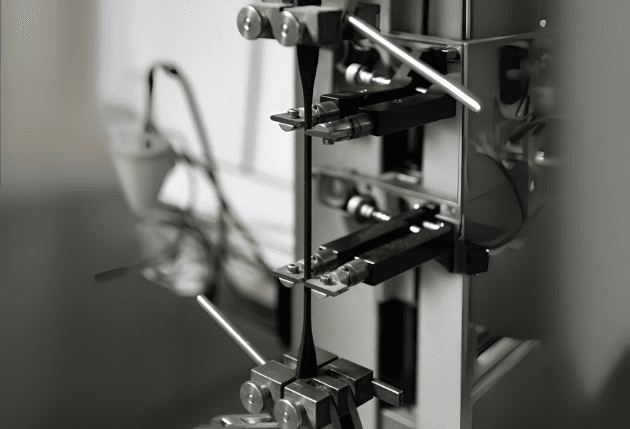 Tensile testing machine analyzing material strength and durability for ballistic fabric performance evaluation.