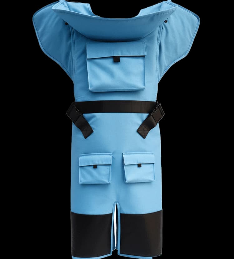 Front view of a blue demining apron featuring a high blast-resistant collar, pockets, and black waist straps.
