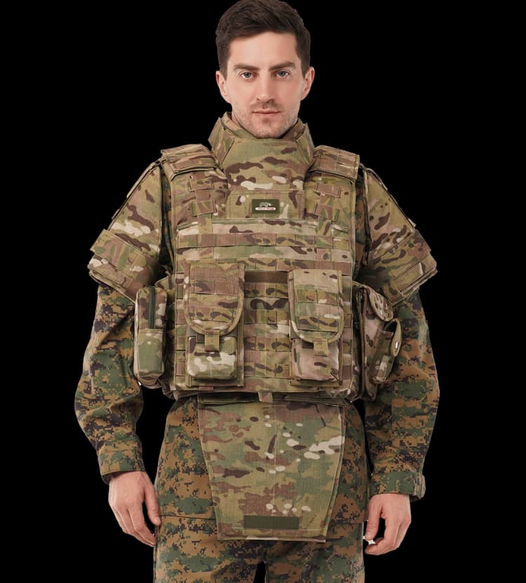 Man wearing Hard Shell camouflage Warrior Vest with tactical pouches, neck, shoulder, and groin protection for superior battlefield defense.