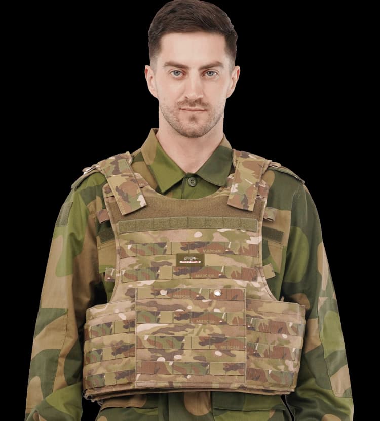 Man wearing Hard Shell camouflage Tactical Operator Vest designed for durability, comfort, and tactical utility.