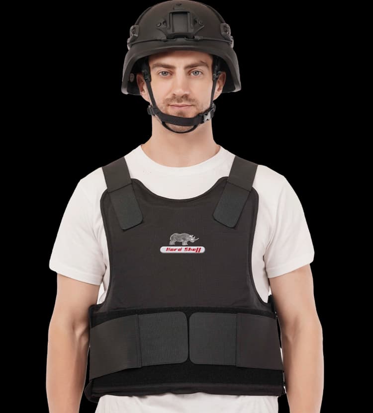 Model wearing Hard Shell Endorser Vest and ballistic helmet for enhanced protection and tactical safety during duty operations