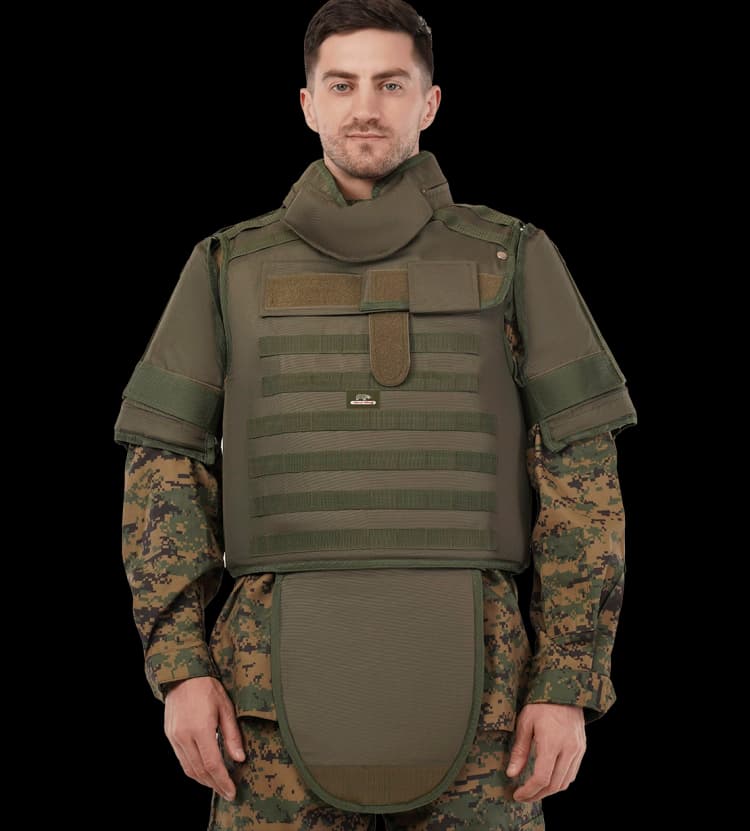 Man wearing Hard Shell olive green Rescuer Vest with full-body protection, featuring neck, shoulder, and groin guards for tactical defense.