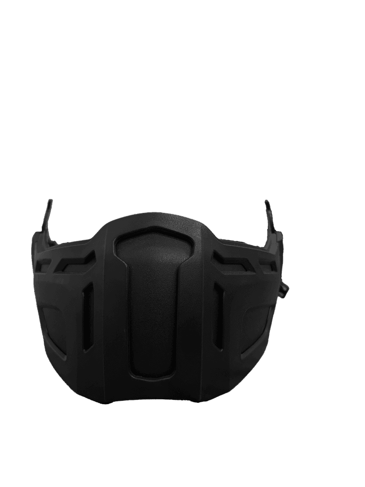 Front view of a black tactical mandible guard with vented design for helmet mounting.