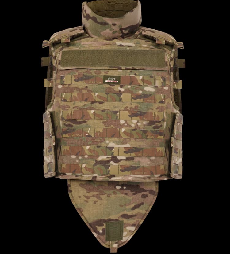 Front view of Hard Shell Tactical Guardian Vest featuring MOLLE webbing and full-body ballistic protection.