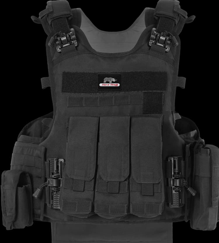 Front view of Hard Shell Rhino Tactical Vest showing modular pouches, quick-release buckles, and MOLLE webbing.