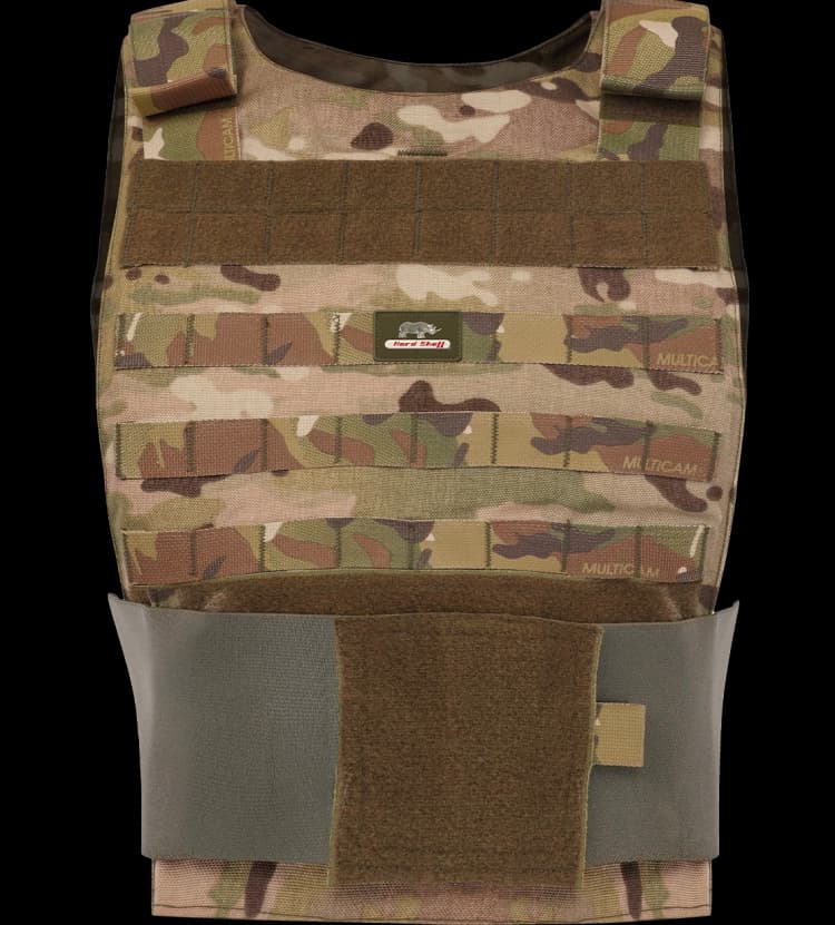 Front view of Hard Shell Phantom Vest multicam with MOLLE webbing and wide Velcro closure.