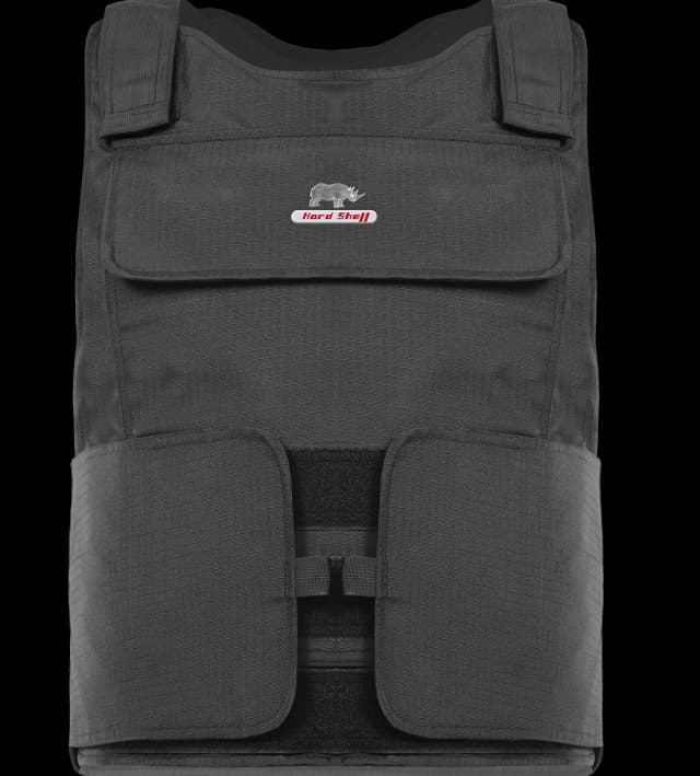 Front view of Hard Shell black multi-purpose vest showing protective panels and secure front straps.