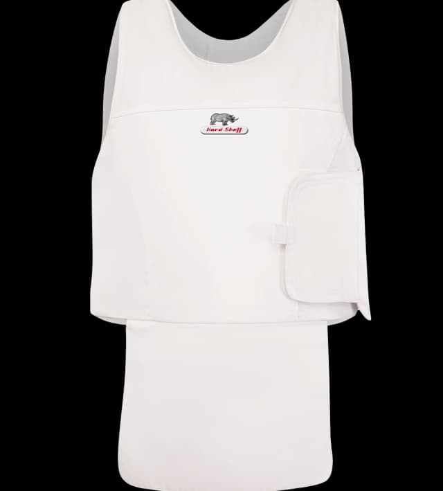 Front view Hard Shell concealable vip vest with groin protection flap for full-body concealed ballistic safety and lightweight comfort.