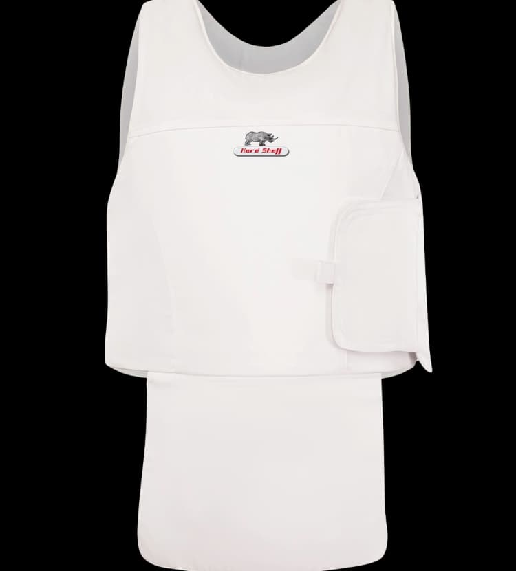 Front view Hard Shell concealable vip vest with groin protection flap for full-body concealed ballistic safety and lightweight comfort.