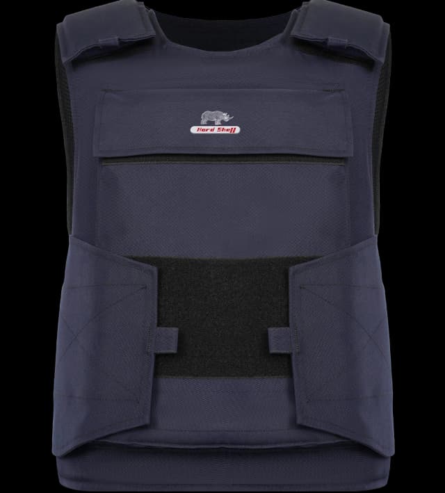 Front view of Hard Shell General Purpose Defender Vest showing secure Velcro straps and protective chest pocket.