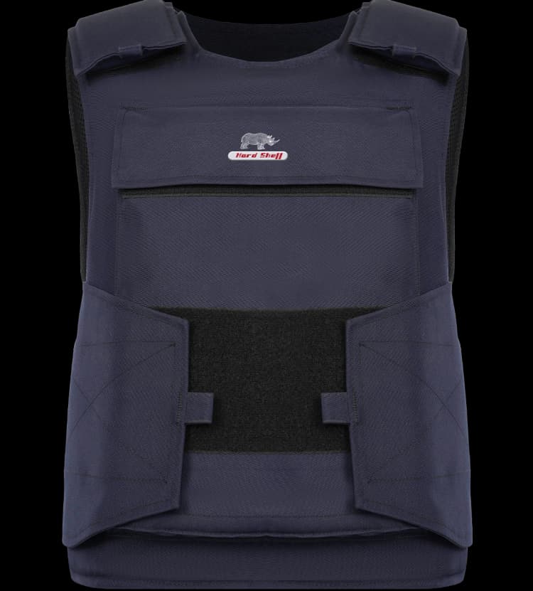 Front view of Hard Shell General Purpose Defender Vest showing secure Velcro straps and protective chest pocket.