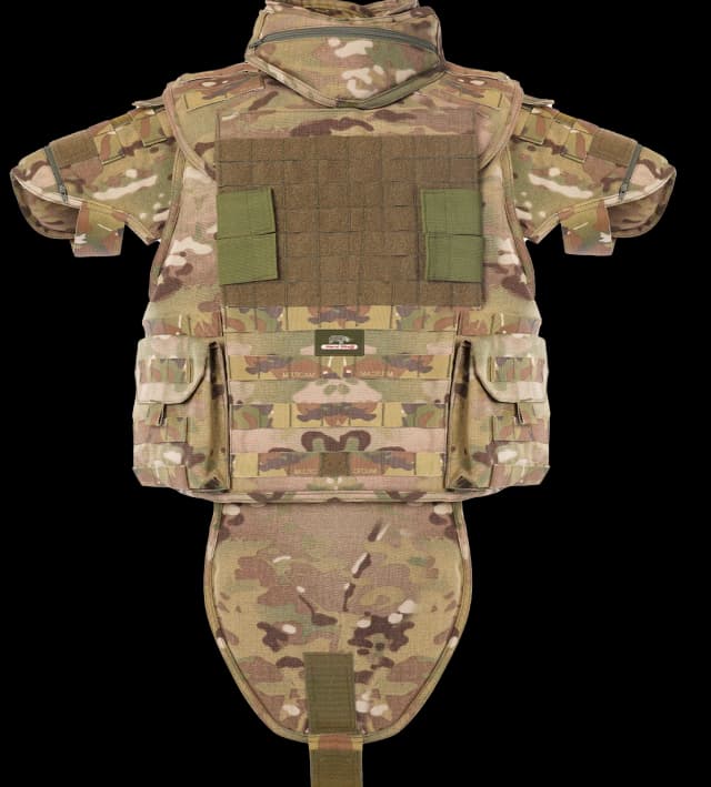 Front view of Hard Shell camouflage Patron Vest featuring MOLLE webbing, neck, shoulder, and groin protection for tactical defense.