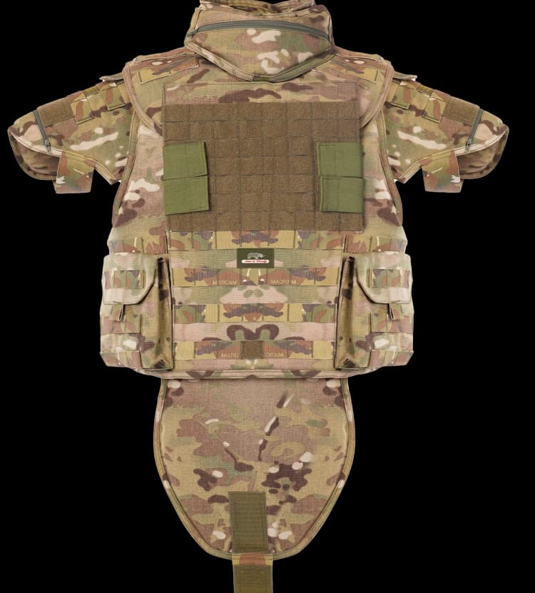 Front view of Hard Shell camouflage Patron Vest featuring MOLLE webbing, neck, shoulder, and groin protection for tactical defense.