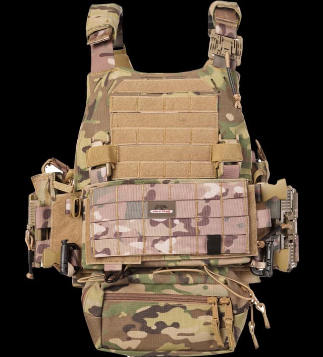 Front view of Hard Shell Ranger Vest in camouflage with MOLLE webbing, pouches, and Hard Shell logo patch.