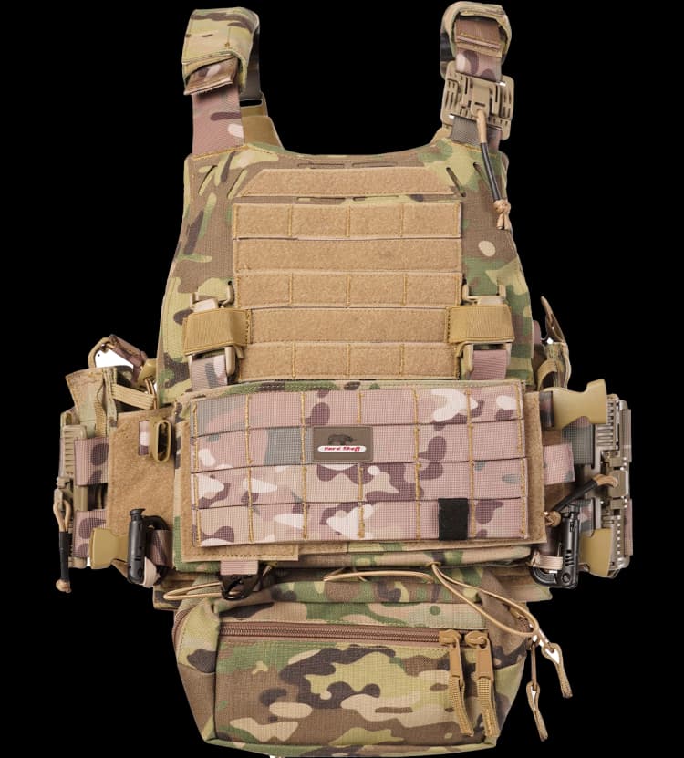 Front view of Hard Shell Ranger Vest in camouflage with MOLLE webbing, pouches, and Hard Shell logo patch.