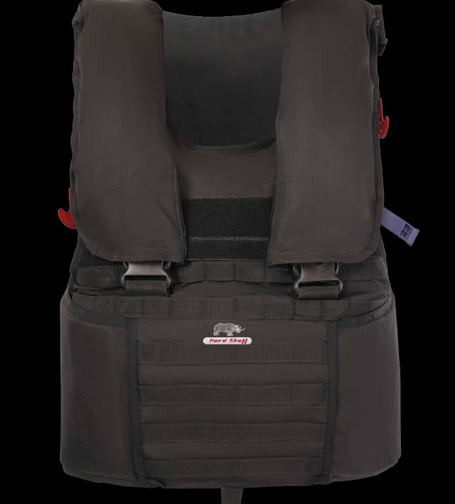 Front view of Hard Shell Tactical Marine Vest with flotation support, MOLLE webbing, and secure buckles.