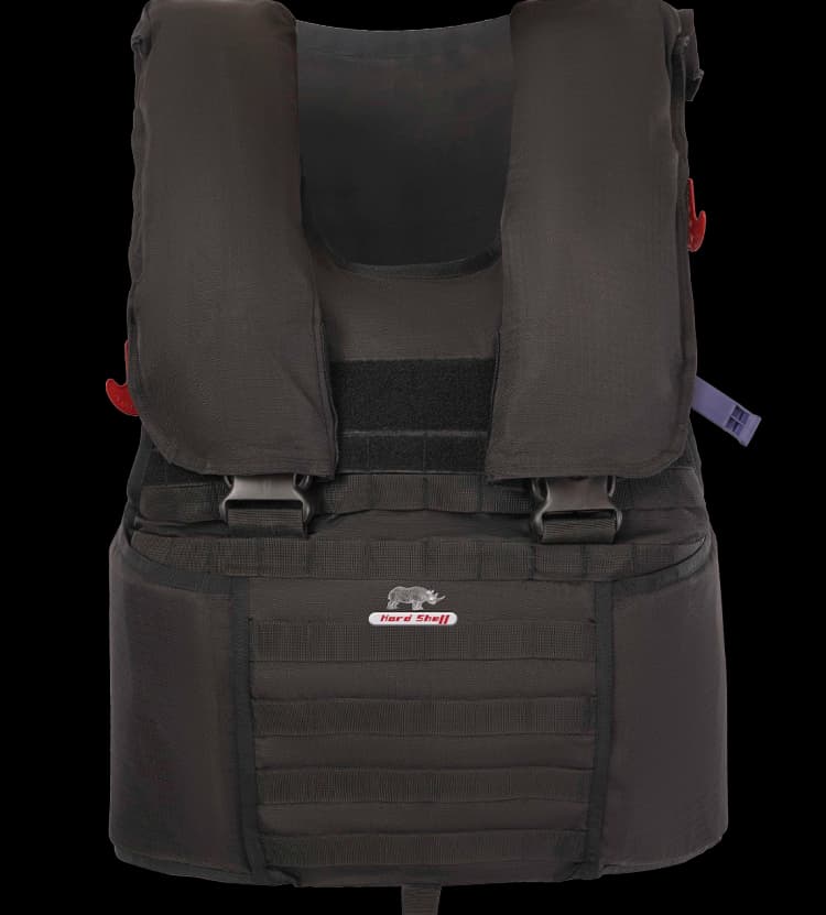 Front view of Hard Shell Tactical Marine Vest with flotation support, MOLLE webbing, and secure buckles.