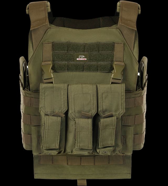 Front view of Hard Shell Plate Carrier Vest - Slick I in olive green with MOLLE pouches and quick-release buckles
