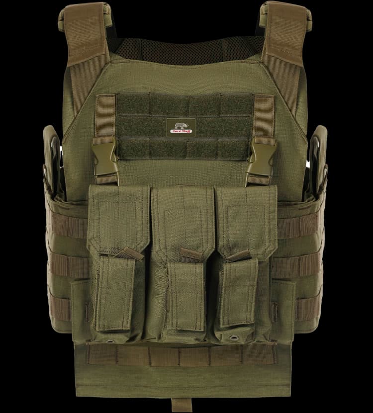 Front view of Hard Shell Plate Carrier Vest - Slick I in olive green with MOLLE pouches and quick-release buckles