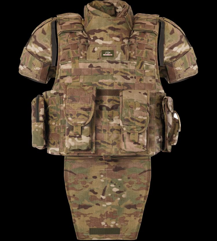 Front view of Hard Shell camouflage Warrior Vest featuring tactical pouches, neck, shoulder, and groin protection for military-grade defense.